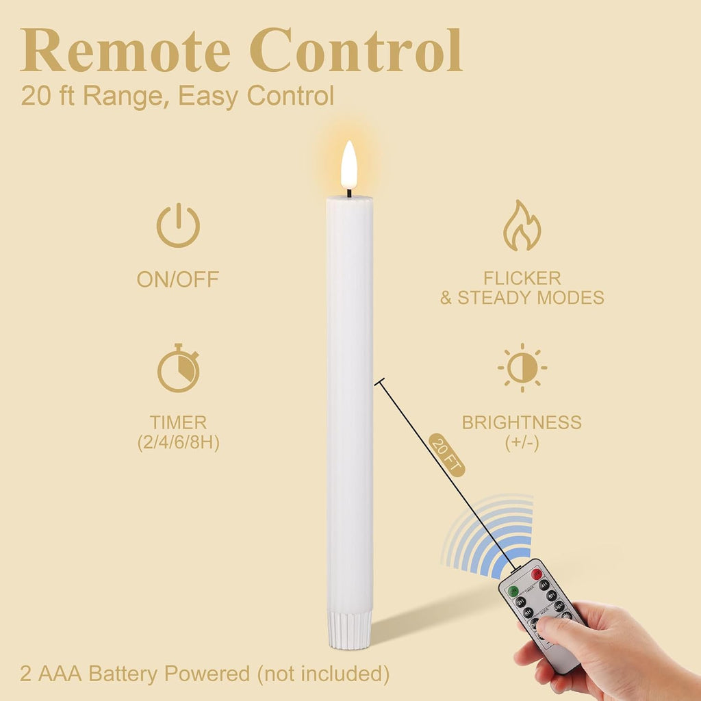 White Ribbed Flameless Taper Candles with Remote Set of 4