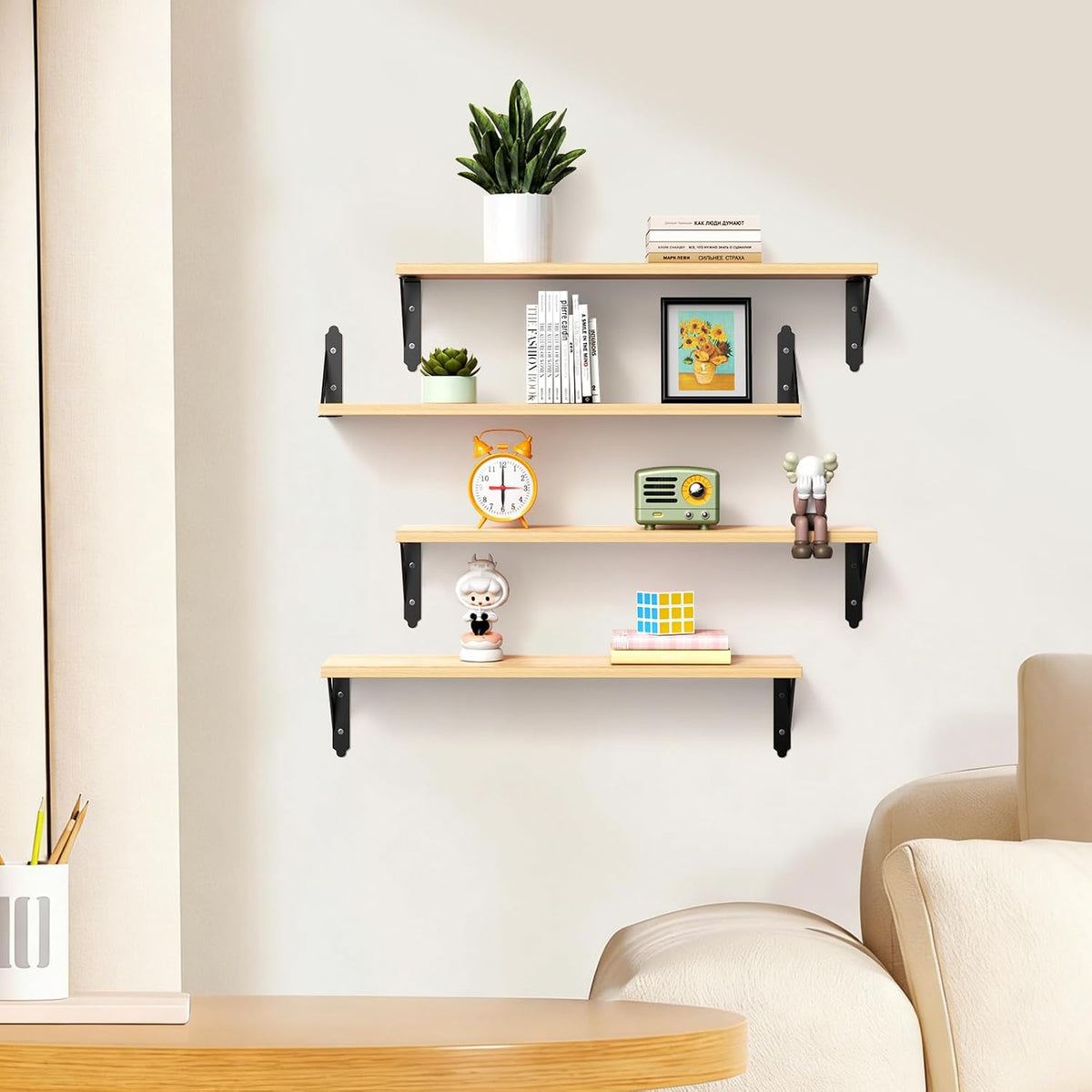 ROMGUAR CRAFT Wood Wall Floating Shelves Set of 4, 23.6" x 6" - Natural