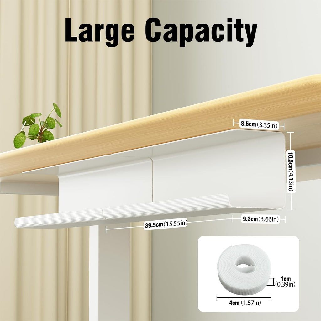 2 Pack No-Screw Cable Management Under Desk, Self-Adhesive Cord Organizer, Wire Management Tray for Office and Home (White)