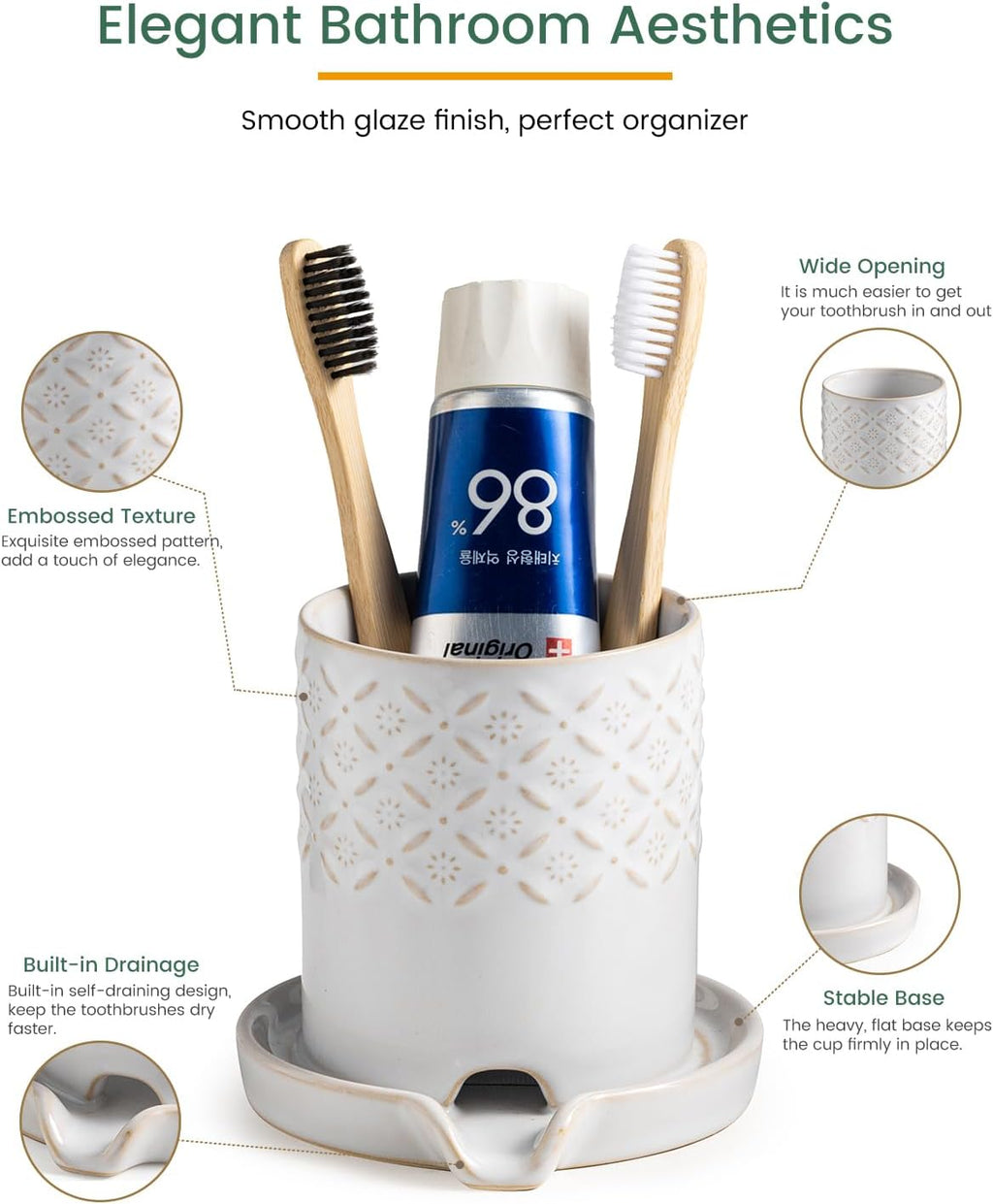 Zoeeker Toothbrush Holders for Bathrooms, Ceramic Toothbrush Holder Set