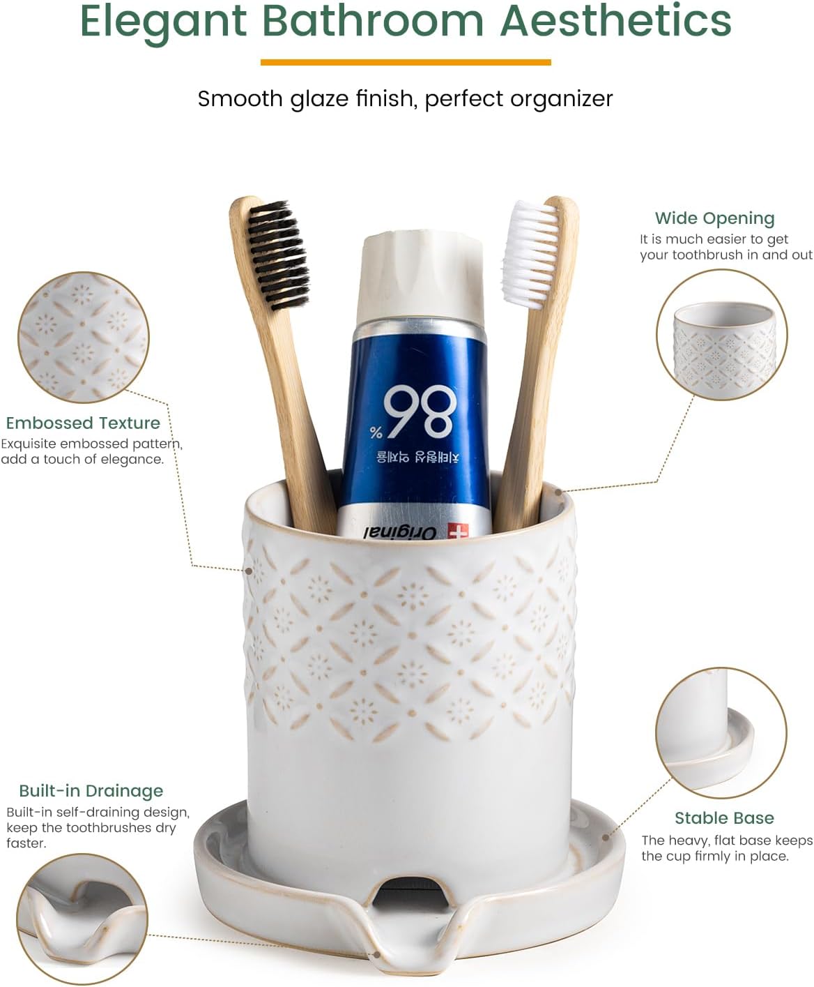 Zoeeker Toothbrush Holders for Bathrooms, Ceramic Toothbrush Holder Set
