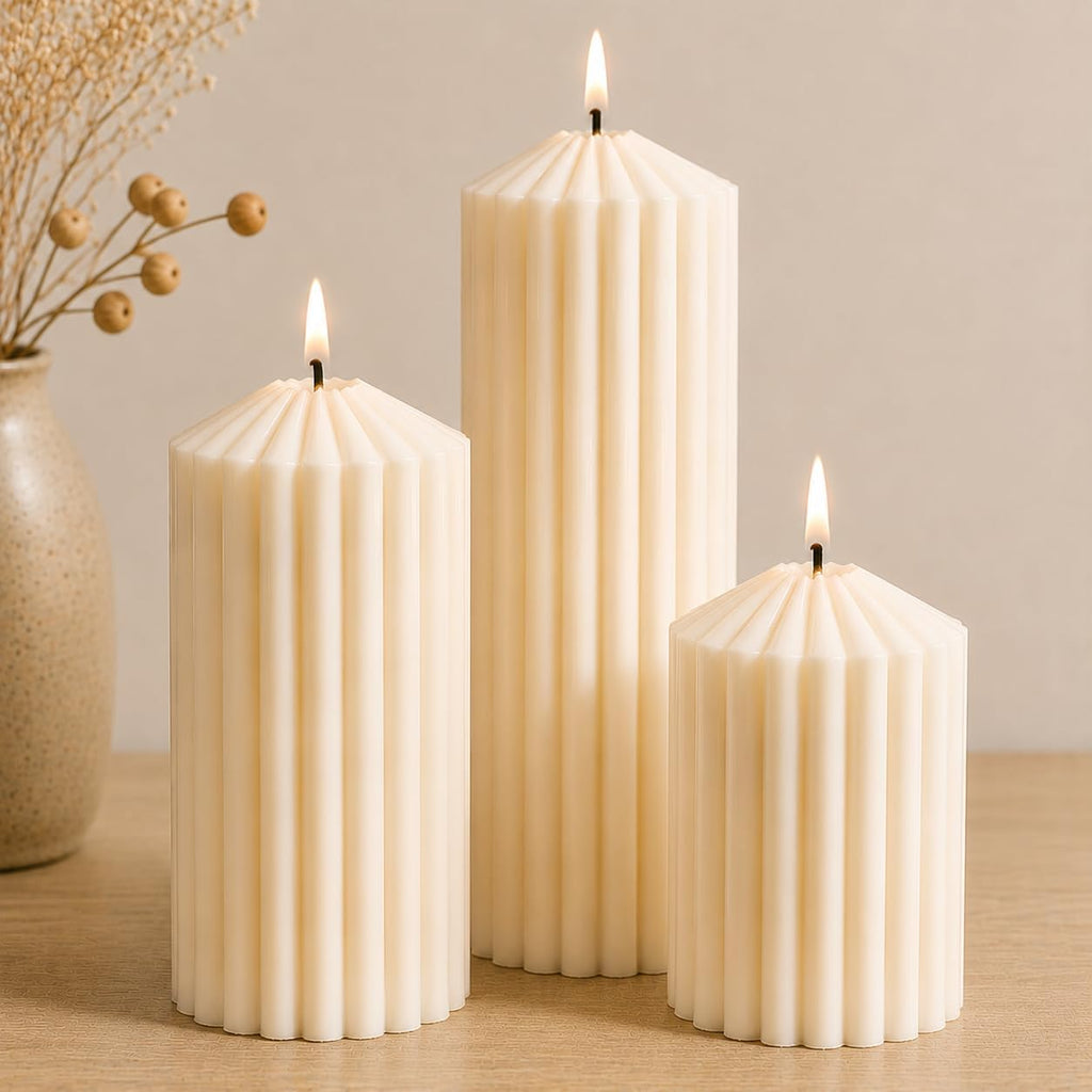 Cream White Ribbed Decorative Pillar Candles, 3 Pack,2.8 x 4/6/8 in,Soy Wax