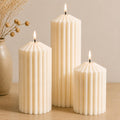 Cream White Ribbed Decorative Pillar Candles, 3 Pack,2.8 x 4/6/8 in,Soy Wax
