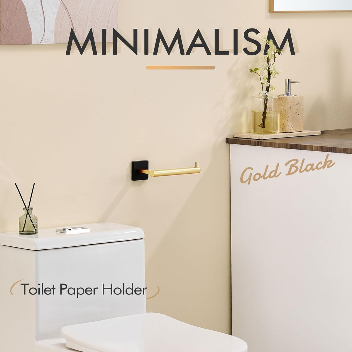 KOKOSIRI Toilet Paper Holder Black with Gold Toilet Roll Holder Hold Mega Rolls Kitchen Bathroom Tissue Paper Dispenser Stainless Steel, B2005GDK