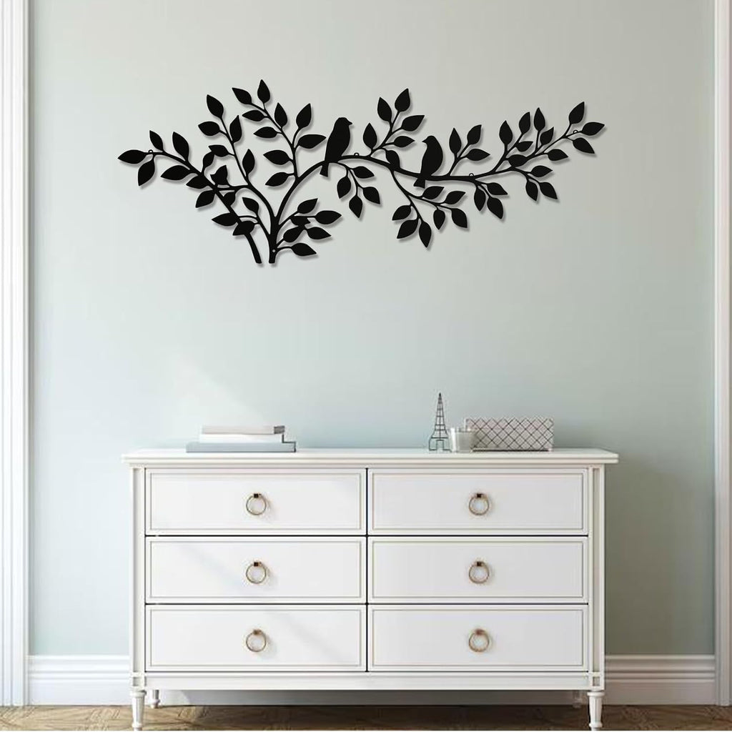 QZGXDECO 34Inch Metal Tree Leaf Birds on Branch Wall Decor Art,Black Vine Olive Branch Leaves with Bird Hanging Wall Sculpture for Home Balcony Living Room Bedroom Hallway Wall Decoration