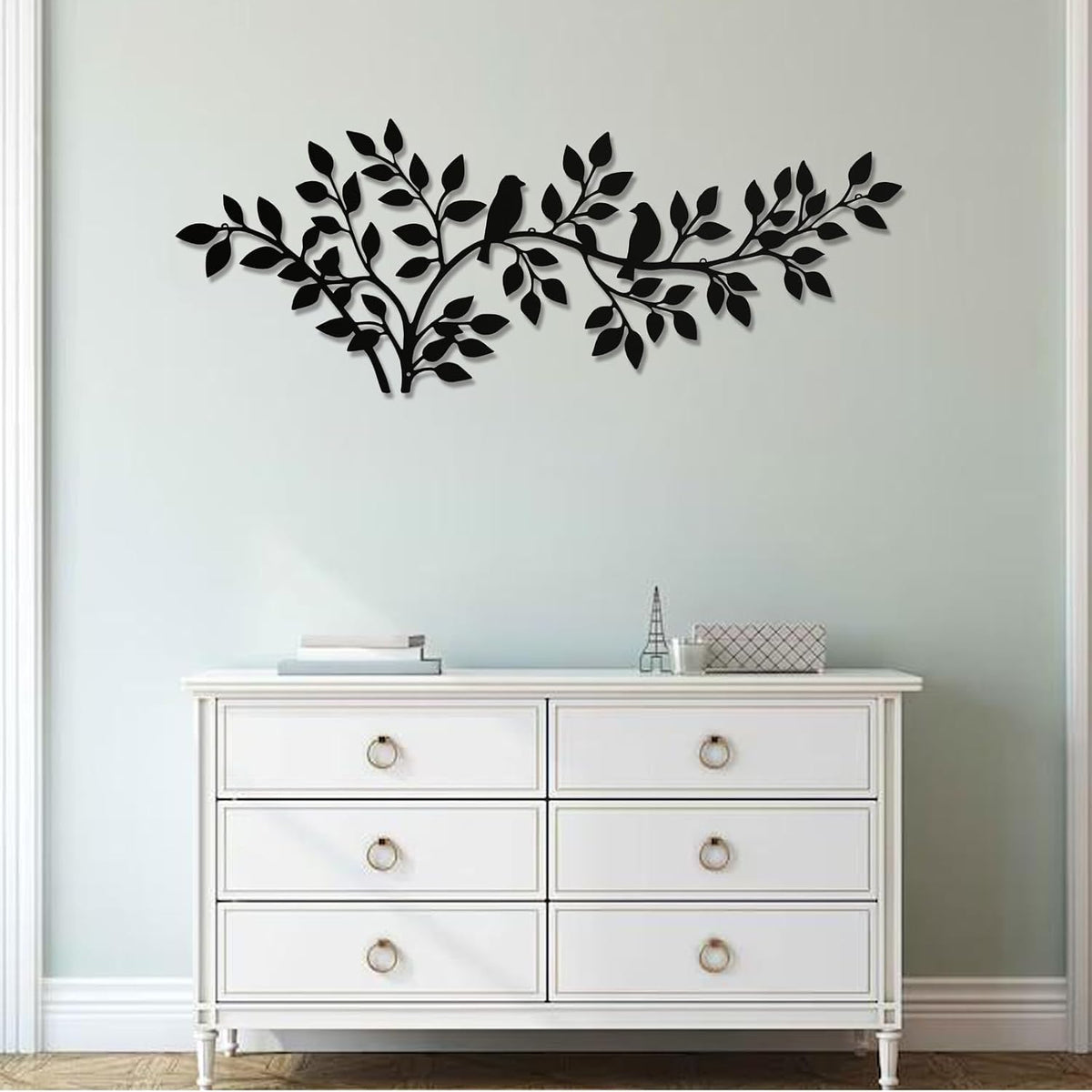 QZGXDECO 34Inch Metal Tree Leaf Birds on Branch Wall Decor Art,Black Vine Olive Branch Leaves with Bird Hanging Wall Sculpture for Home Balcony Living Room Bedroom Hallway Wall Decoration