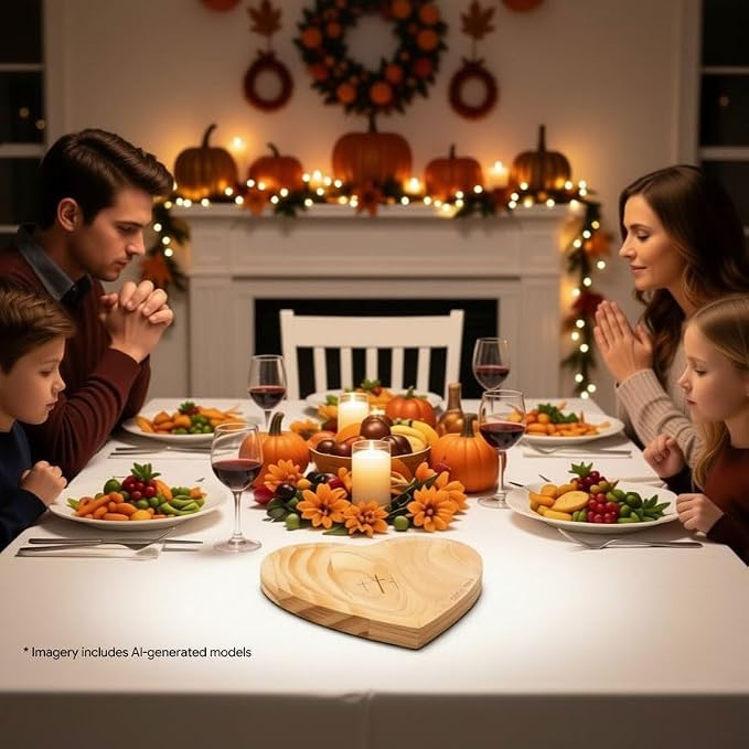 Heart-Shaped Wooden Prayer Bowl Plate with Engraved Cross and Prayer Cards, Thanksgiving Christmas Home Decor Gift