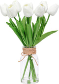 8Pcs White Tulips Artificial Flowers in Vase with Faux Water, Faux Tulips for Kitchen, Bathroom,Table, Desk, Centerpieces, Fake Flowers for Farmhouse Wedding Wall Room Decor（1 Pack）
