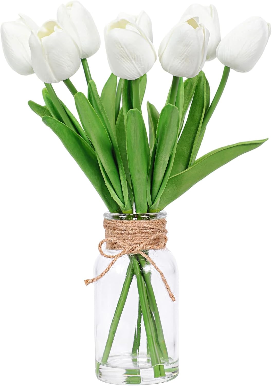 8Pcs White Tulips Artificial Flowers in Vase with Faux Water, Faux Tulips for Kitchen, Bathroom,Table, Desk, Centerpieces, Fake Flowers for Farmhouse Wedding Wall Room Decor（1 Pack）