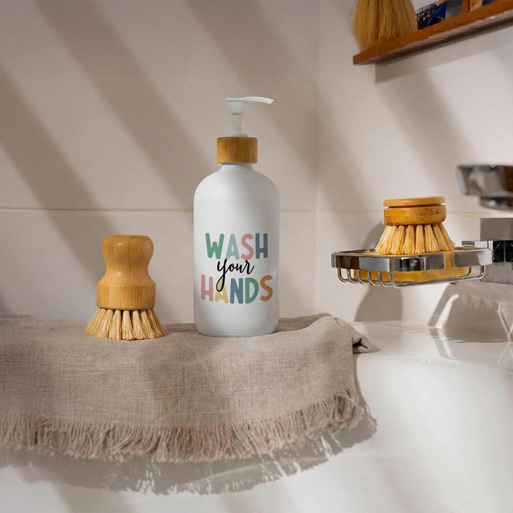 Kids Bathroom Soap Dispenser, Wash Your Hands Bathroom Countertop Hand Soap Dispenser with Pump, Colorful Boho Toddler Decor Handsoap Refillable Glass Pump Bottle Container