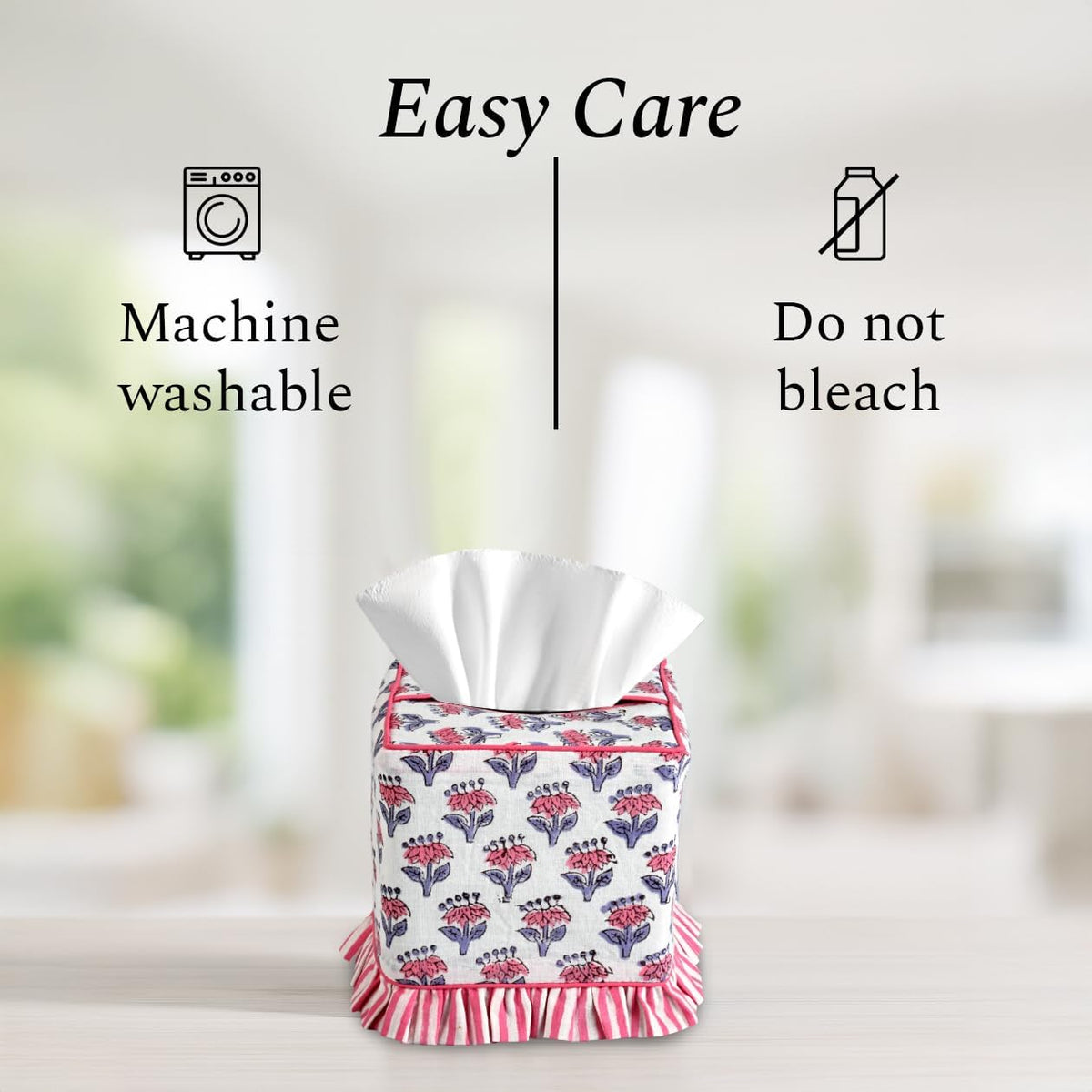 CPC 100% Cotton Ruffle Block Print Tissue Box Cover, Pink Sapphire