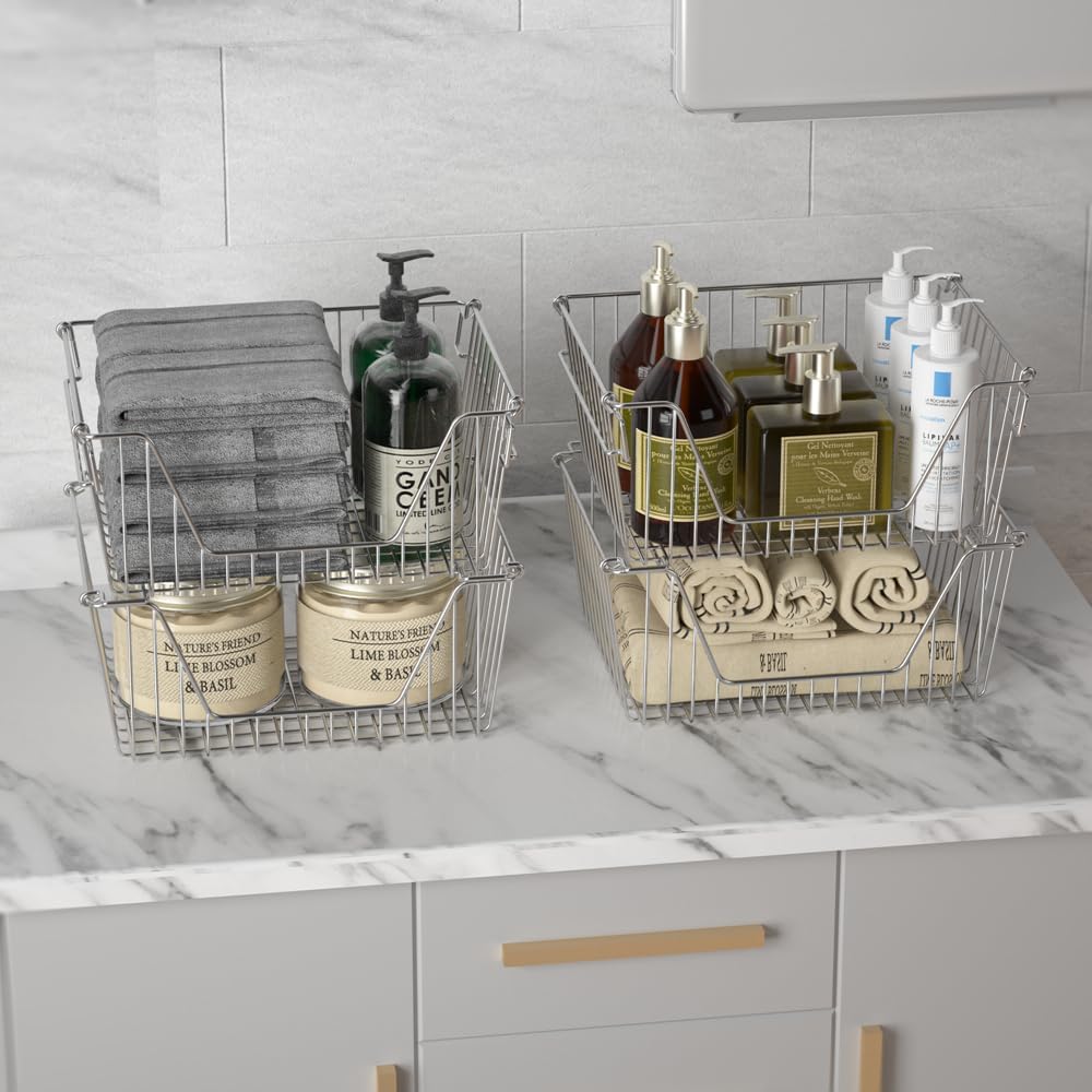 Slideep 14" Large Stackable Storage Baskets, Cabinet Organizer Sturdy Metal Wire Pantry Freezer Bin for Pantry Home Bathroom Kitchen Organization - Set of 8