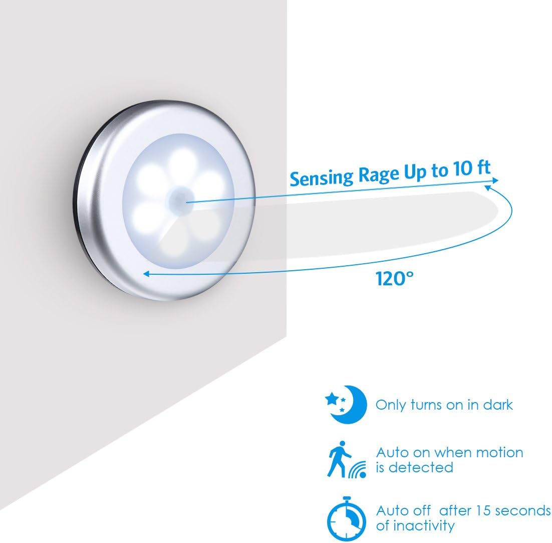 AMIR Upgraded 3.15” Motion Sensor Light, Cordless Battery-Powered LED Night Light, Stick-Anywhere Closet Lights Stair Lights, Safe Lights for Hallway, Bathroom, Bedroom, Kitchen (White - Pack of 6)