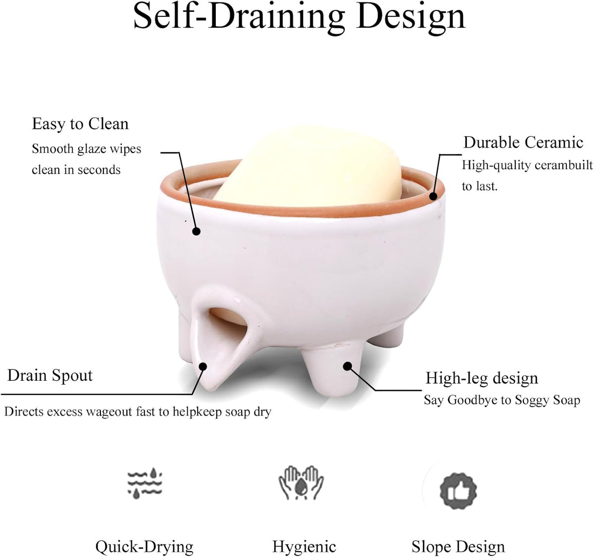 Soap Dish, Self Draining Ceramic Soap Holder for Shower, Bath, Kitchen Sink