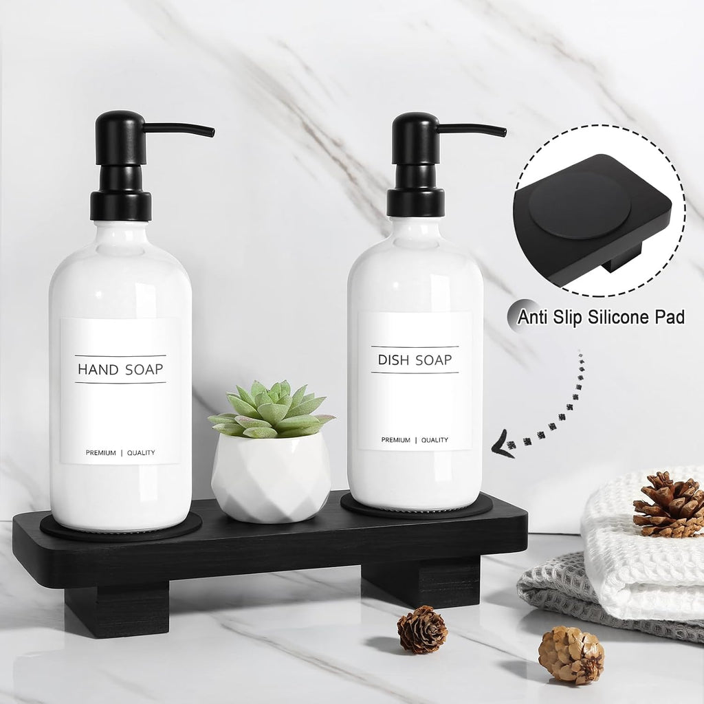 KASUNTING Hand Soap Dispenser for Kitchen, White Soap Dispensers with Stainless Steel Pump, Bathroom Soap Dispenser Set with Wood Riser Tray, Kitchen Dish Soap Dispensers Bathroom Decor(White)