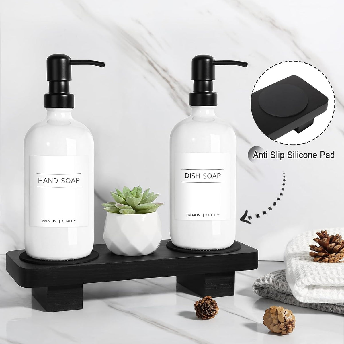 KASUNTING Hand Soap Dispenser for Kitchen, White Soap Dispensers with Stainless Steel Pump, Bathroom Soap Dispenser Set with Wood Riser Tray, Kitchen Dish Soap Dispensers Bathroom Decor(White)