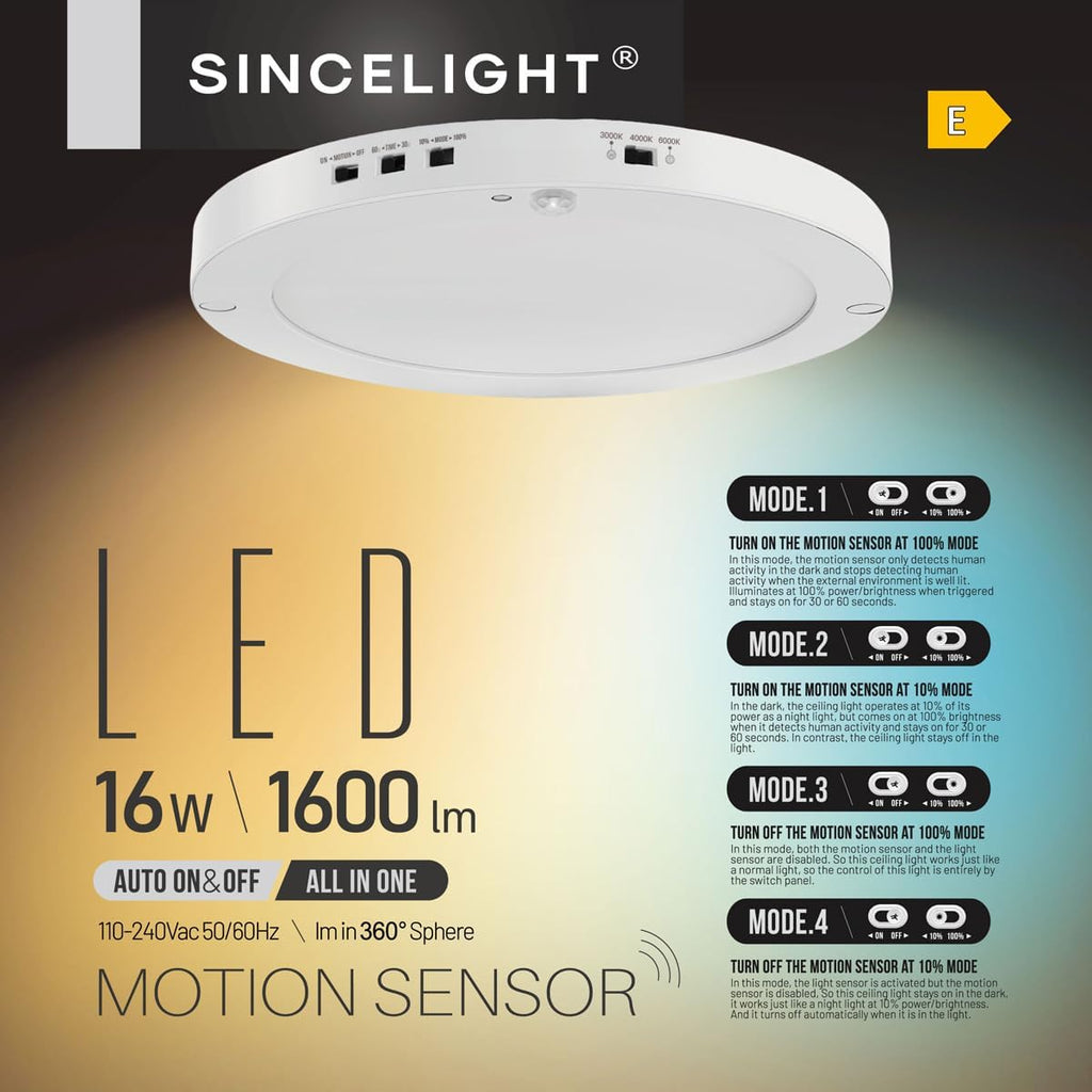 SINCELIGHT Ultimate LED Motion Sensor Ceiling Light (All in ONE), 3000K/4000K/6000K Warm to Cool Turnable, Multi-Mode, Dusk to Dawn & Movement Activated for Hallway/Porch/Closet, Pack of 1