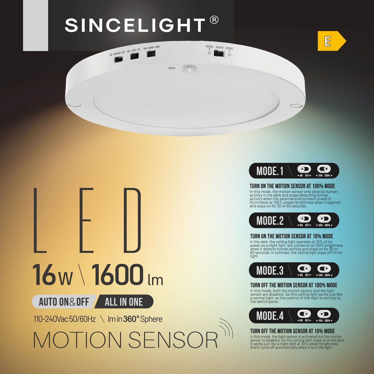 SINCELIGHT Ultimate LED Motion Sensor Ceiling Light (All in ONE), 3000K/4000K/6000K Warm to Cool Turnable, Multi-Mode, Dusk to Dawn & Movement Activated for Hallway/Porch/Closet, Pack of 1