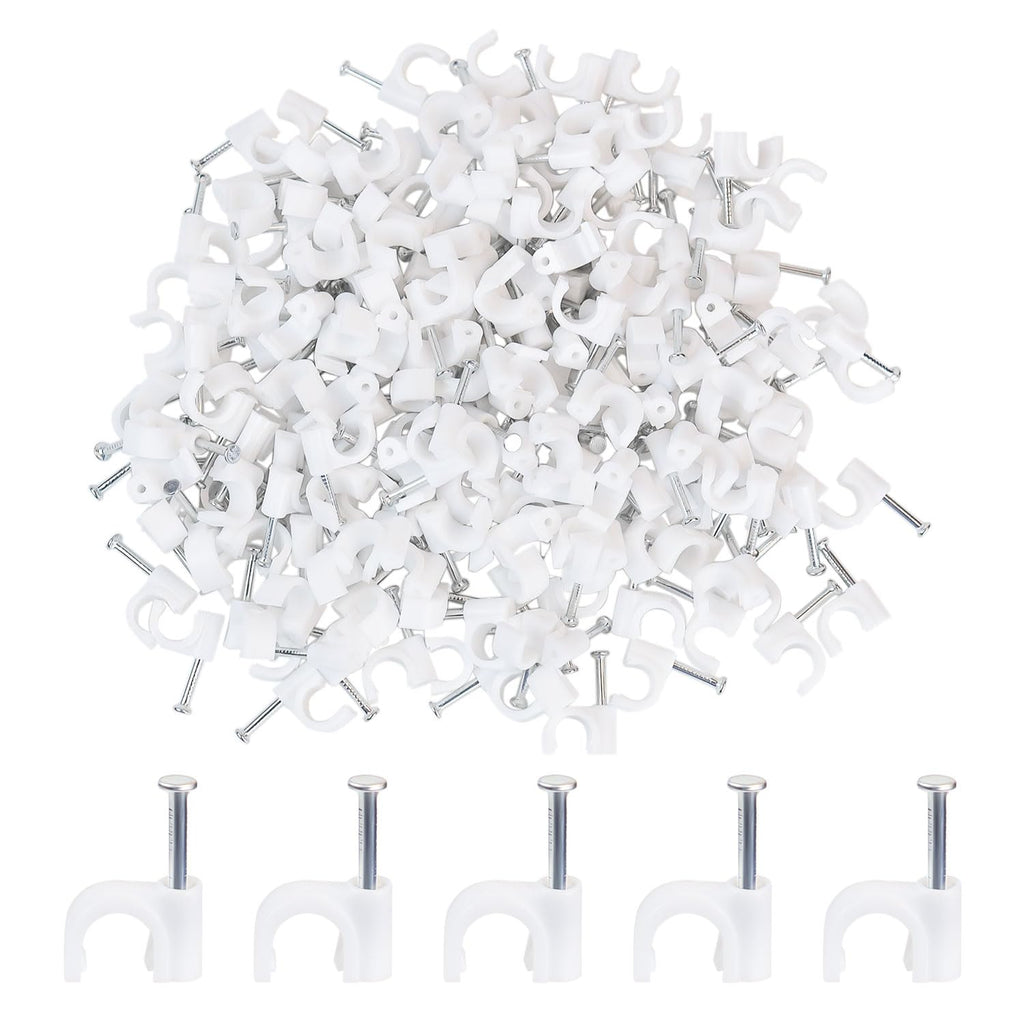 200 Pieces Cable Clips White Wire Nail Clips Ethernet Cable Wire Nails Tacks Clips Cable Management Wire Wall Clips Cord Holder 7mm Nail Cable Clips Round Coaxial Cable Clamps Cords Staples (White)