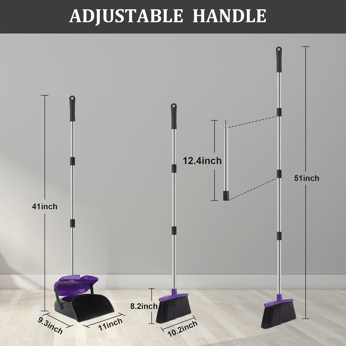 Broom and Dustpan Set, 51" Long Handle Broom with Dustpan Combo Set, Windproof and Self-Cleaning Teeth, Purple Household Dust Pan Set Sweep Kitchen Office Lobby Pet Room