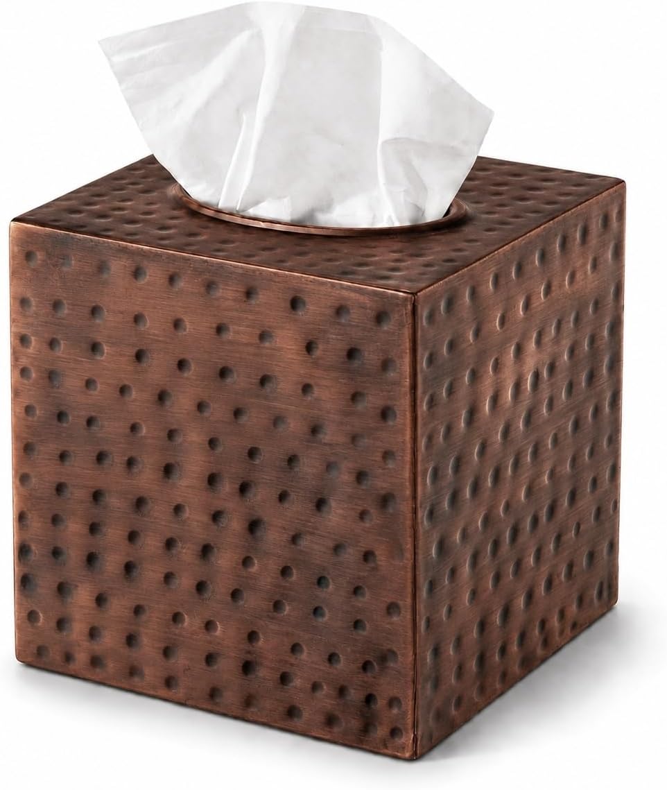 Monarch Abode Tissue Box Cover Square – Hand Hammered Antique Copper Metal Tissue Holder Box for Bathroom Accessory, Aesthetic Decorative Facial Napkin Cube for Modern Home Decor