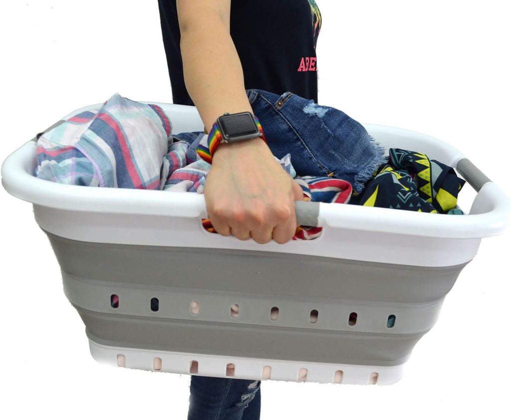 SAMMART 41L (10.8 gallon) Collapsible 3 Handled Plastic Laundry Basket - Foldable Pop Up Storage Container/Organizer - Portable Washing Tub - Space Saving (3 handled rectangular, White/Grey)