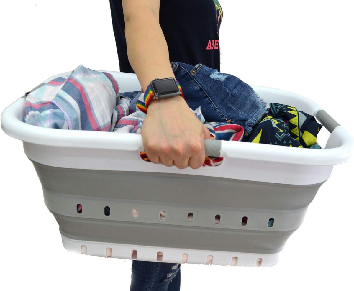 SAMMART 41L (10.8 gallon) Collapsible 3 Handled Plastic Laundry Basket - Foldable Pop Up Storage Container/Organizer - Portable Washing Tub - Space Saving (3 handled rectangular, White/Grey)