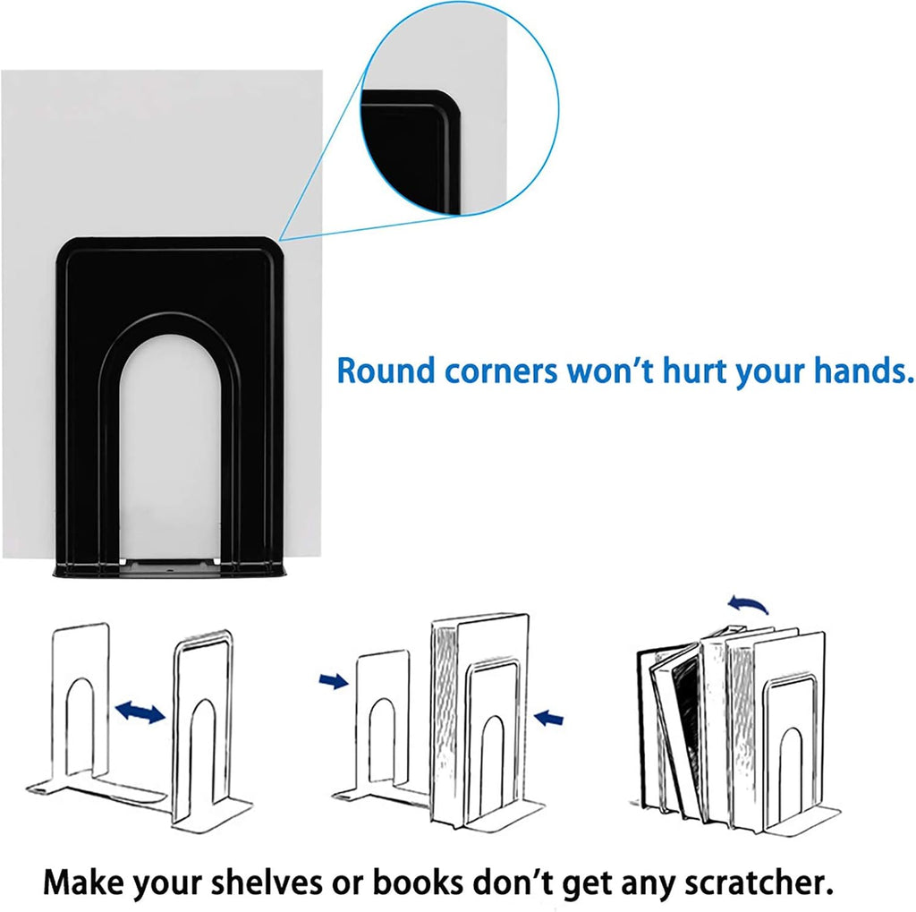 Metal Book Ends for Shelves, Book Shelf Holder Home Decorative, Book Ends for Heavy Books/Movies/CDs, Black 6.5 x 5 x 5.7 in, 4 Pair/ 8 Piece (Pack of 2)