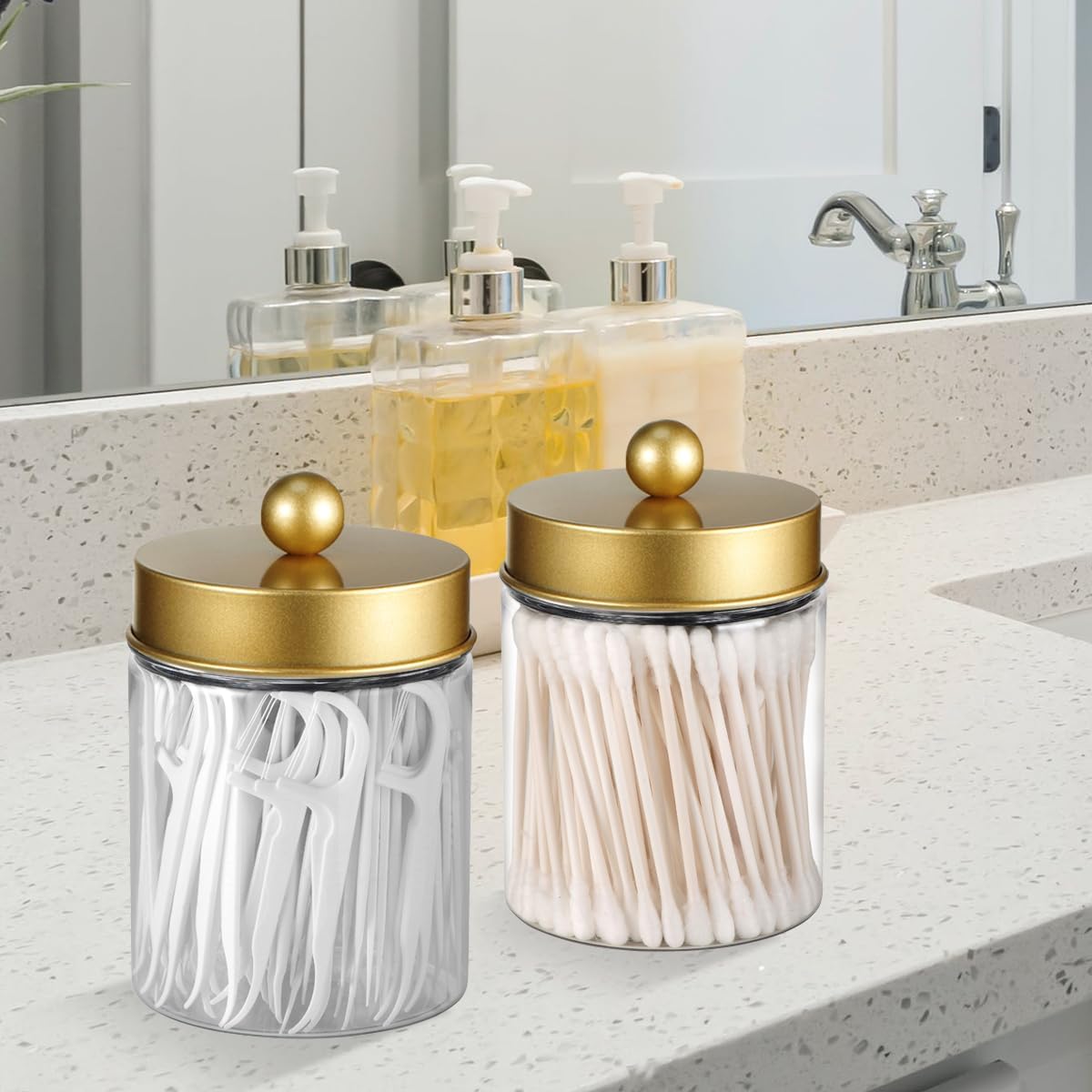 3PC Farmhouse Decor Qtip Holder Apothecary Jars (Gold, Plastic)