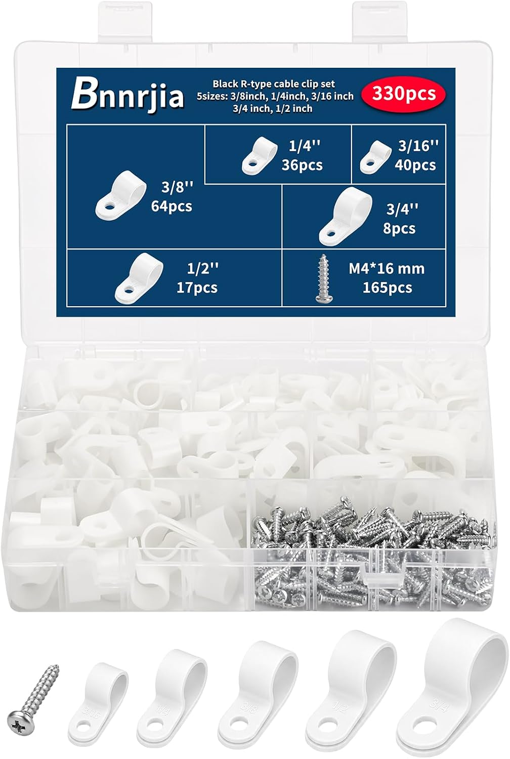 330 Pcs White Cable Clips Wall, Plastic Wire Cable Clamps with Screws, R Nylon Wire Clips for CordsWire Clamps for Cables, cCable Management Clipss, for Organizing Electric Wires Cords(5 Sizes)