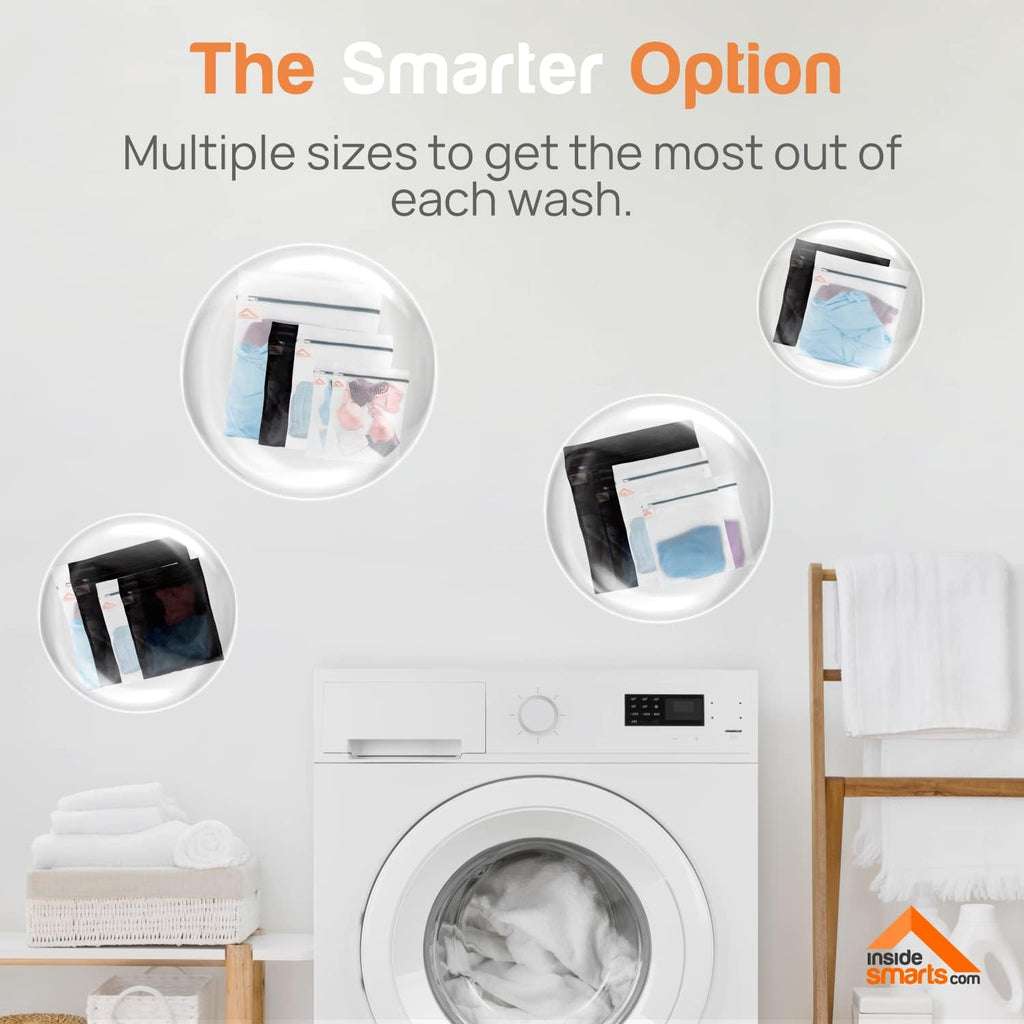 Premium Mesh Laundry Bags Set of 5: Jumbo (1 White), Large (1 Black & 1), Medium (2) Elastic Gard & Rust-Proof Zipper Bags - Durable Laundry Wash Bags