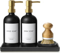 GMISUN Dish Soap Dispenser for Kitchen, 17 fl oz Dish Soap Dispensers with Ceramic Tray & Bamboo Brush & Gold Pump, 2Pcs Matte Black Glass Kitchen Soap Dispenser Set, Refillable Soap Bottle Set