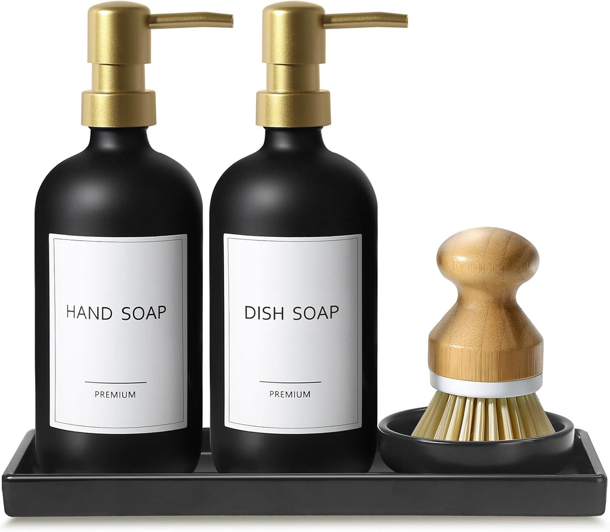 GMISUN Dish Soap Dispenser for Kitchen, 17 fl oz Dish Soap Dispensers with Ceramic Tray & Bamboo Brush & Gold Pump, 2Pcs Matte Black Glass Kitchen Soap Dispenser Set, Refillable Soap Bottle Set
