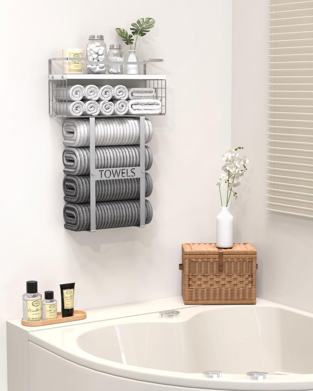 Towel Racks for Bathroom Wall Mounted - Bath Wall Towel Holder Set Above Toilet Storage, Rolled Towel Shelf Organizer for Small Bathroom, Wood Vertical Towel Rack for Bathroom Wall Decor Silver
