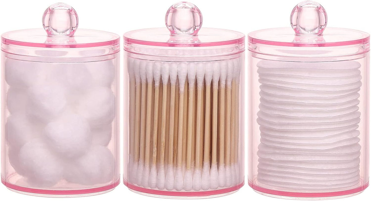 Tbestmax 3 Pack Cotton Swab Ball Pad Holder, 10 Oz Qtip Apothecary Jar Pink Makeup Organizer, Bathroom Containers Dispenser