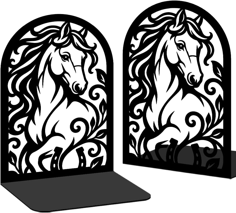 1 Pairs Metal Bookends, Galloping Horse Design Heavy Duty Black Book Support, Modern Creative Non-Skid Books Organiser for Shelves Bookshelf Office Home Decor, Bookworms Gift