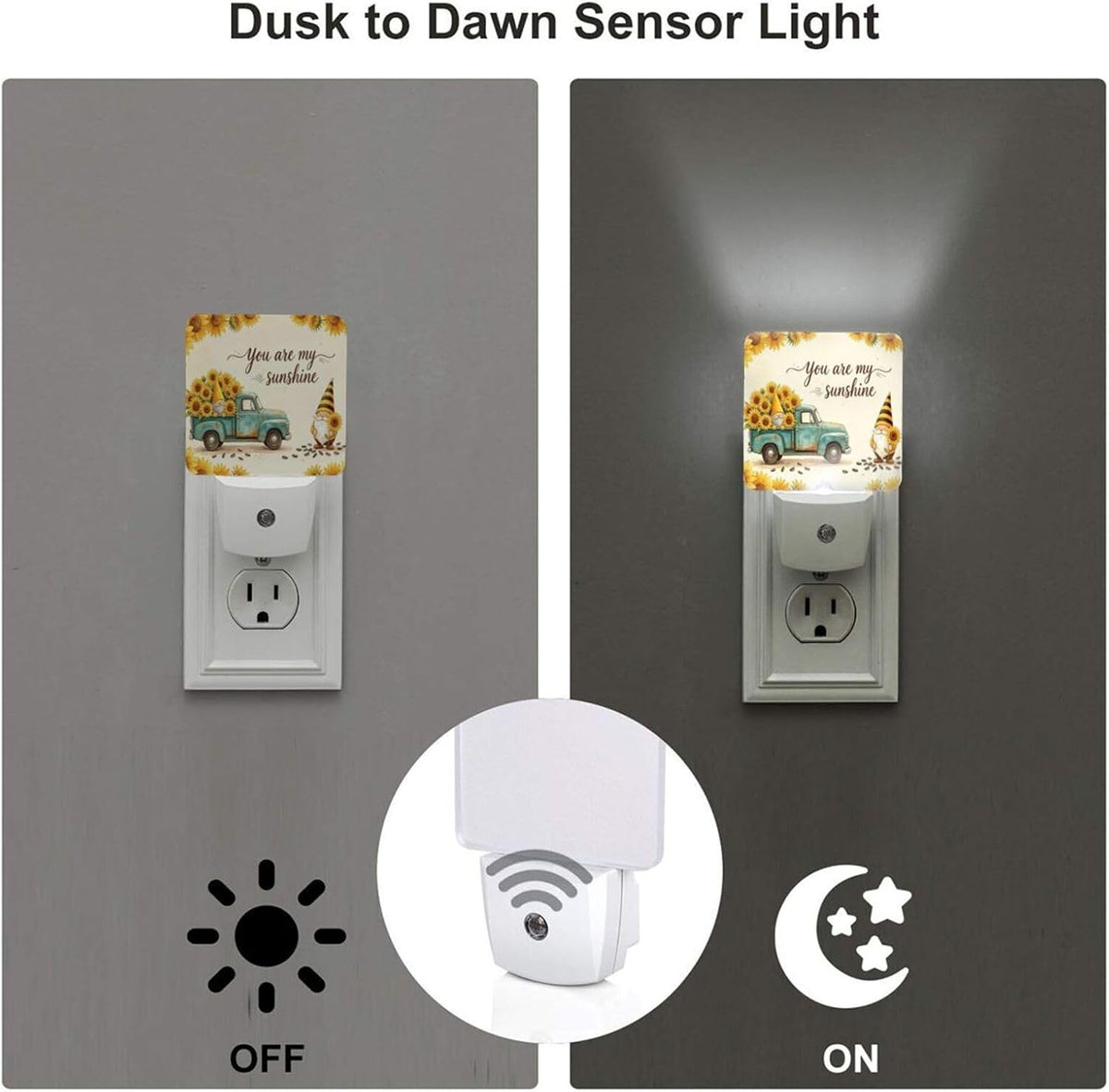 Sunflower Gnome Truck LED Plug-in Nightlights 2 Piece Set for Bedroom