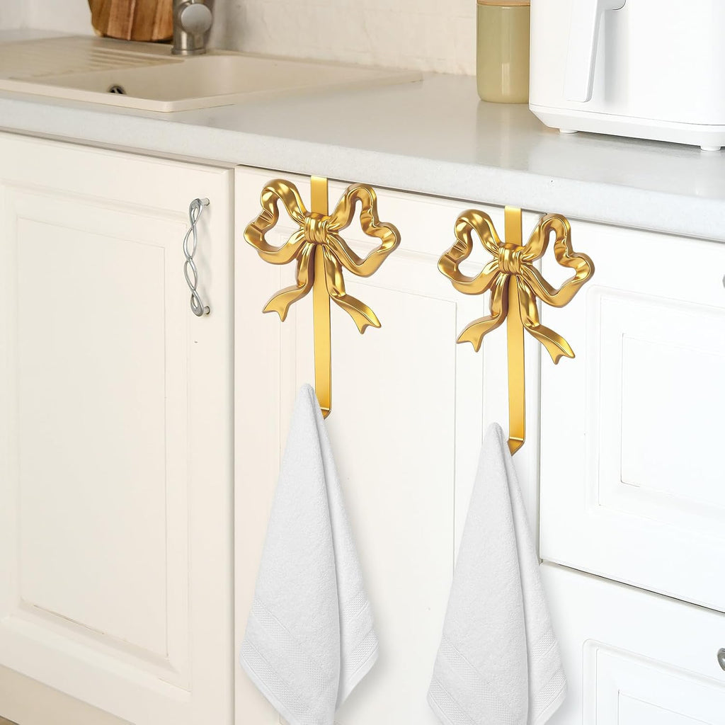 JarThenaAMCS 2Pcs Gold Bow Over The Door Hooks Metal Door Hanger Hook Coquette Towel Coat Hanger for Home Kitchen Bedroom Bathroom Decor