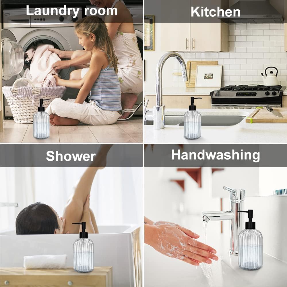 Pack of 2 Glass Soap Dispenser with Black Pump, 400 ml Refillable Pump Dispenser for Kitchen, Bathroom, Laundry Room, Liquid Glass Bottle for Washing Up Liquid, Shampoo, Conditioner (Clear)