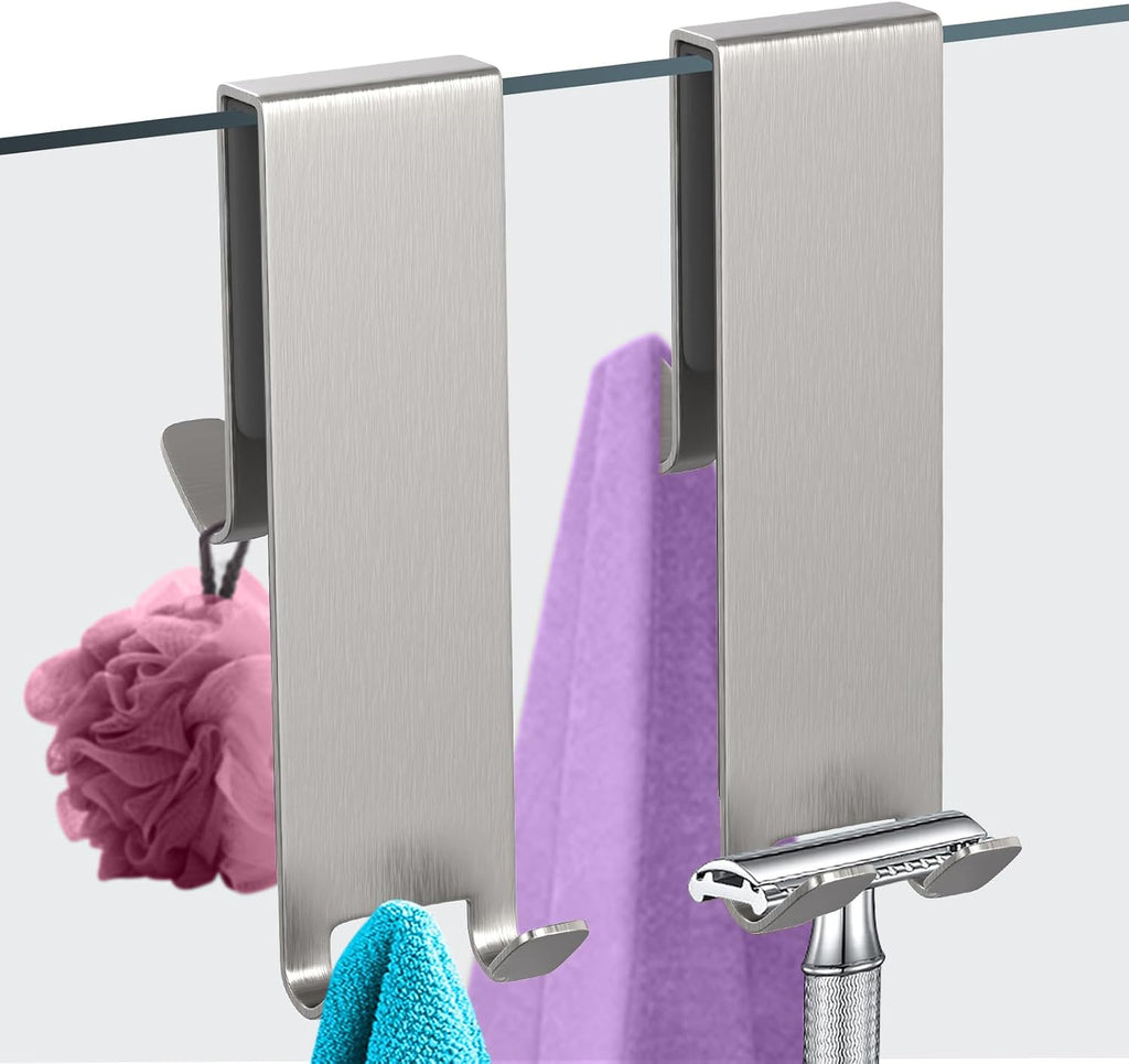 Double-Sided Over The Door Hooks 2-Pack - for Frameless Glass Showers, Heavy Duty No Drill Organizer for Towels Robes, Space Saving Silver