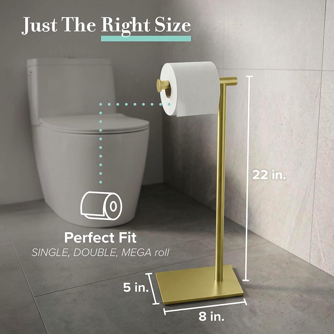 Gatco 1431B Freestanding Toilet Paper Holder Stand, Modern Bathroom Toilet Tissue Holder with Weighted Rectangle Base, Brushed Brass Finish, 22.25 Inch
