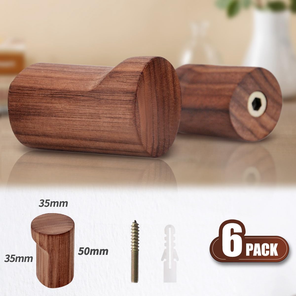 COCOYA Wood Hooks Wall Mounted Minimalist Walnut Knob Shape (6 Pack)