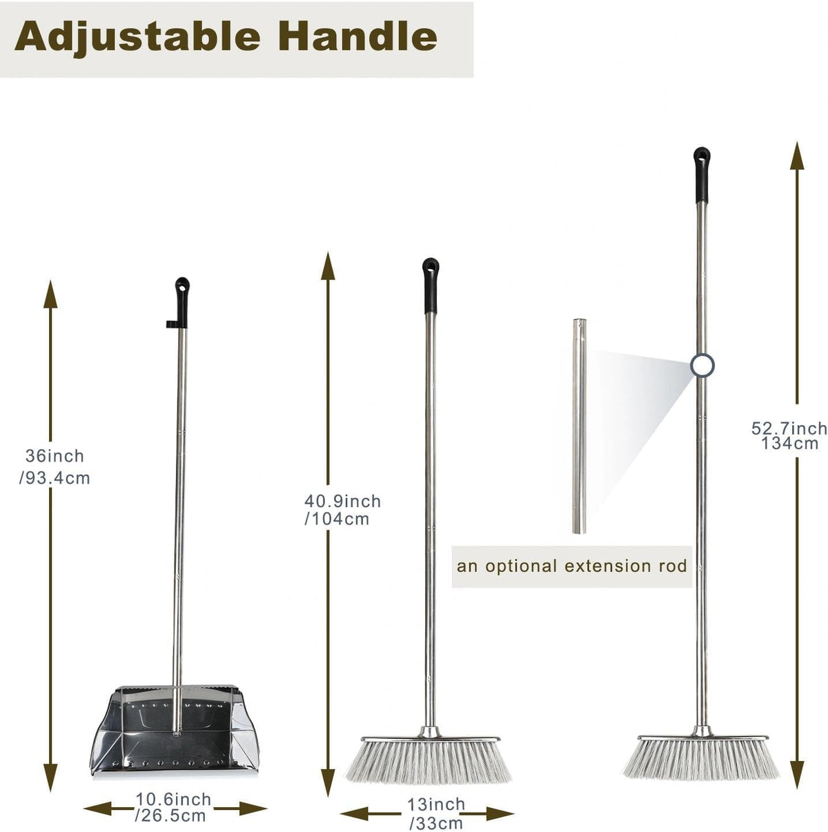 Metal Dustpan with Broom Set, Long Handle Stainless Steel Dustpan,Heavy Duty Standing Dust Pan with Teeth, Indoor Outdoor Up for Home Kitchen Lobby Room Office