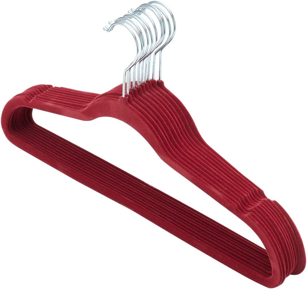 Velvet Clothes Hangers (Pack of 10), Burgundy, By Home Basics | Felt Hangers for Tops, Jackets, Dresses, and Pants | Contoured Hangers with Indents | Ultra-Thin Space Saving Clothes Hangers