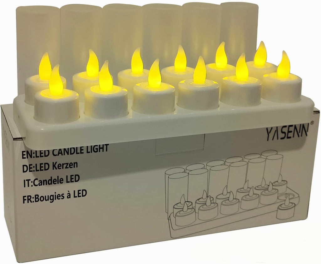 YASENN Rechargeable Candles Warm White led TeaLights Candles 12pcs Flame Effect Program Flickering Plastic Flameless Candles for Bar Dinner Decorations
