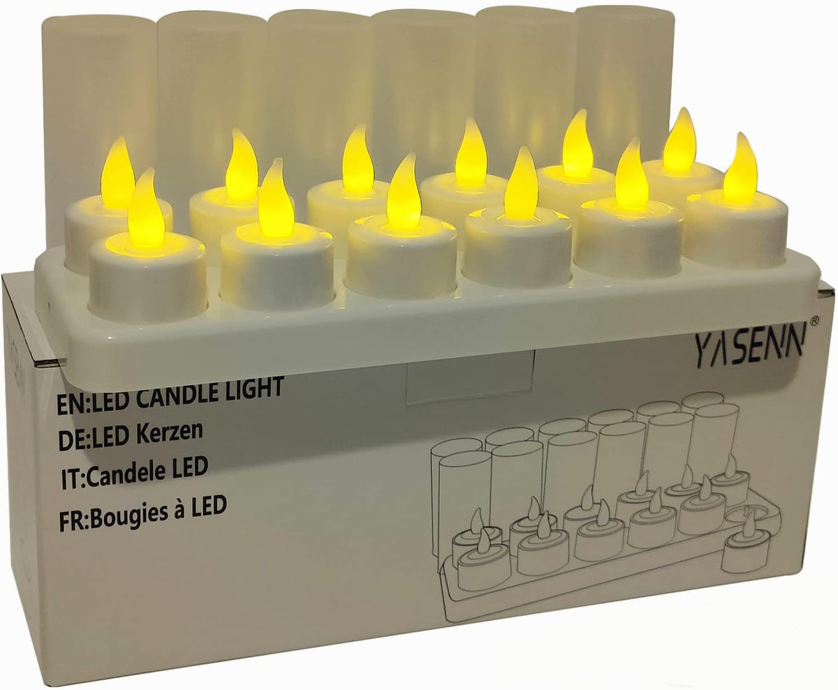 YASENN Rechargeable Candles Warm White led TeaLights Candles 12pcs Flame Effect Program Flickering Plastic Flameless Candles for Bar Dinner Decorations
