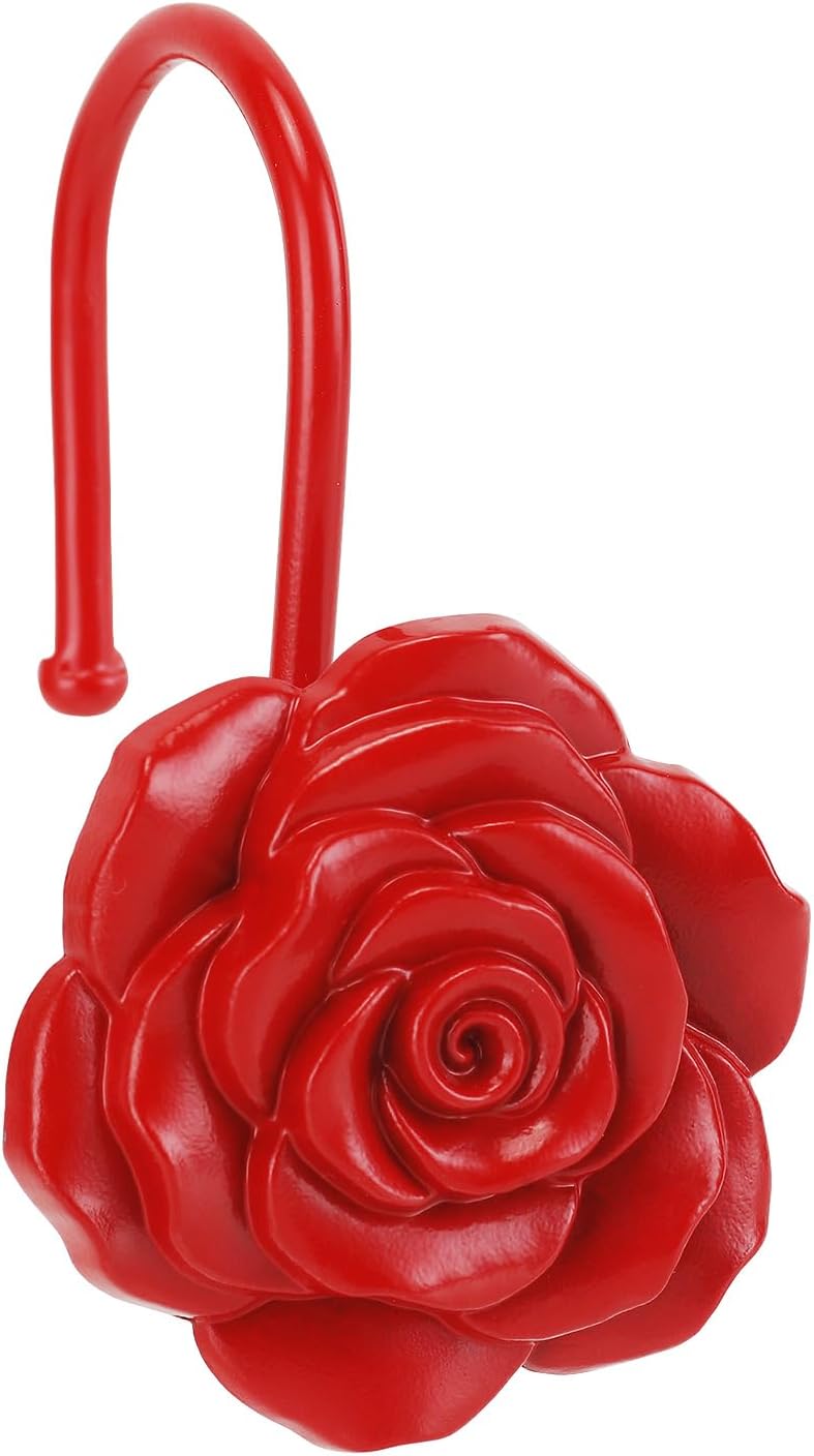 Metal Rose Shower Curtain Hooks, Rust-Resistant Hooks for Shower Curtain Rods, Set of 12, Beautiful Floral Rose Design Bathroom Decoration Hooks (Red)