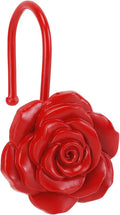 Metal Rose Shower Curtain Hooks, Rust-Resistant Hooks for Shower Curtain Rods, Set of 12, Beautiful Floral Rose Design Bathroom Decoration Hooks (Red)