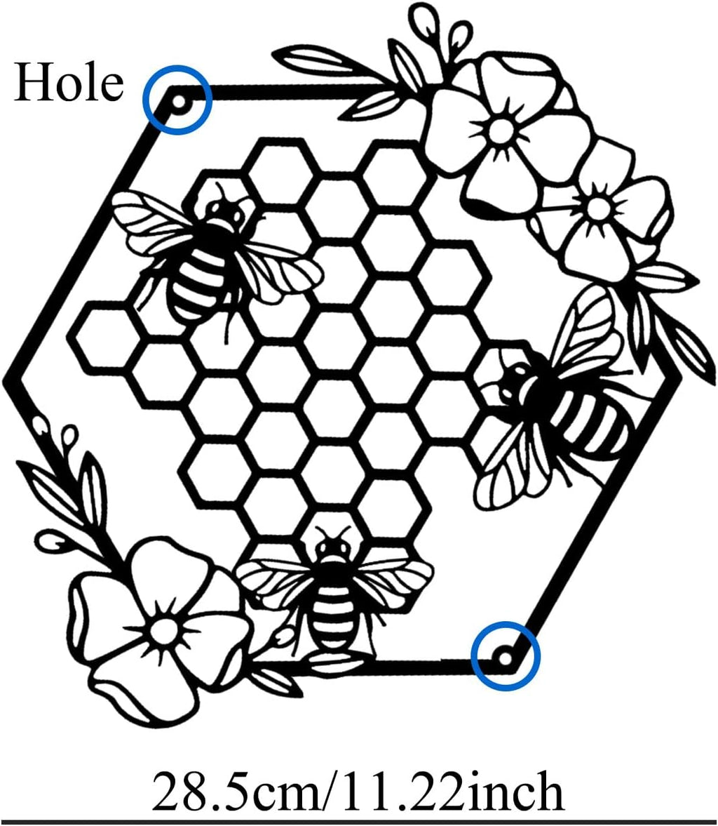 Yuzhuo Metal Bee Wall Art - Farmhouse Honey Bees and Hives with Flowers - Black