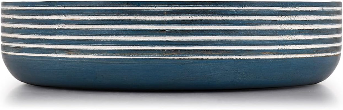 NIRMAN Mango Wood Fruit Bowl Rustic Blue Finish Decorative Serving Bowl Wooden Centerpiece for Kitchen Counter, Dining Table | (10" X 10" X 2.5")